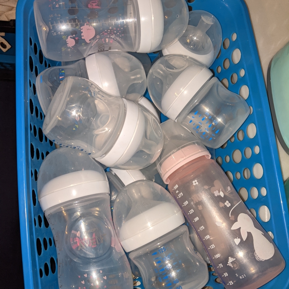 Basket of Avent Baby Bottles